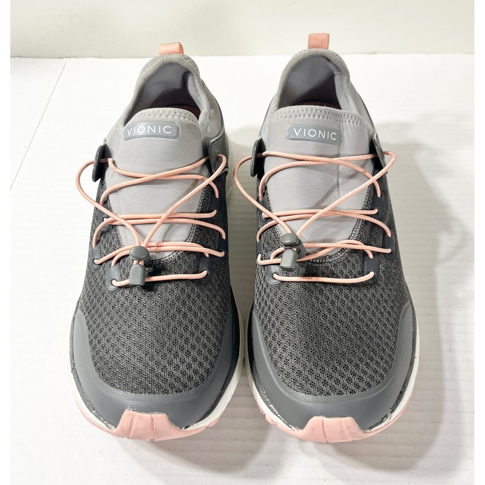 Vionic London Walking Sneakers Womens 10 Grey Pink Mesh Bungee Lace Comfort